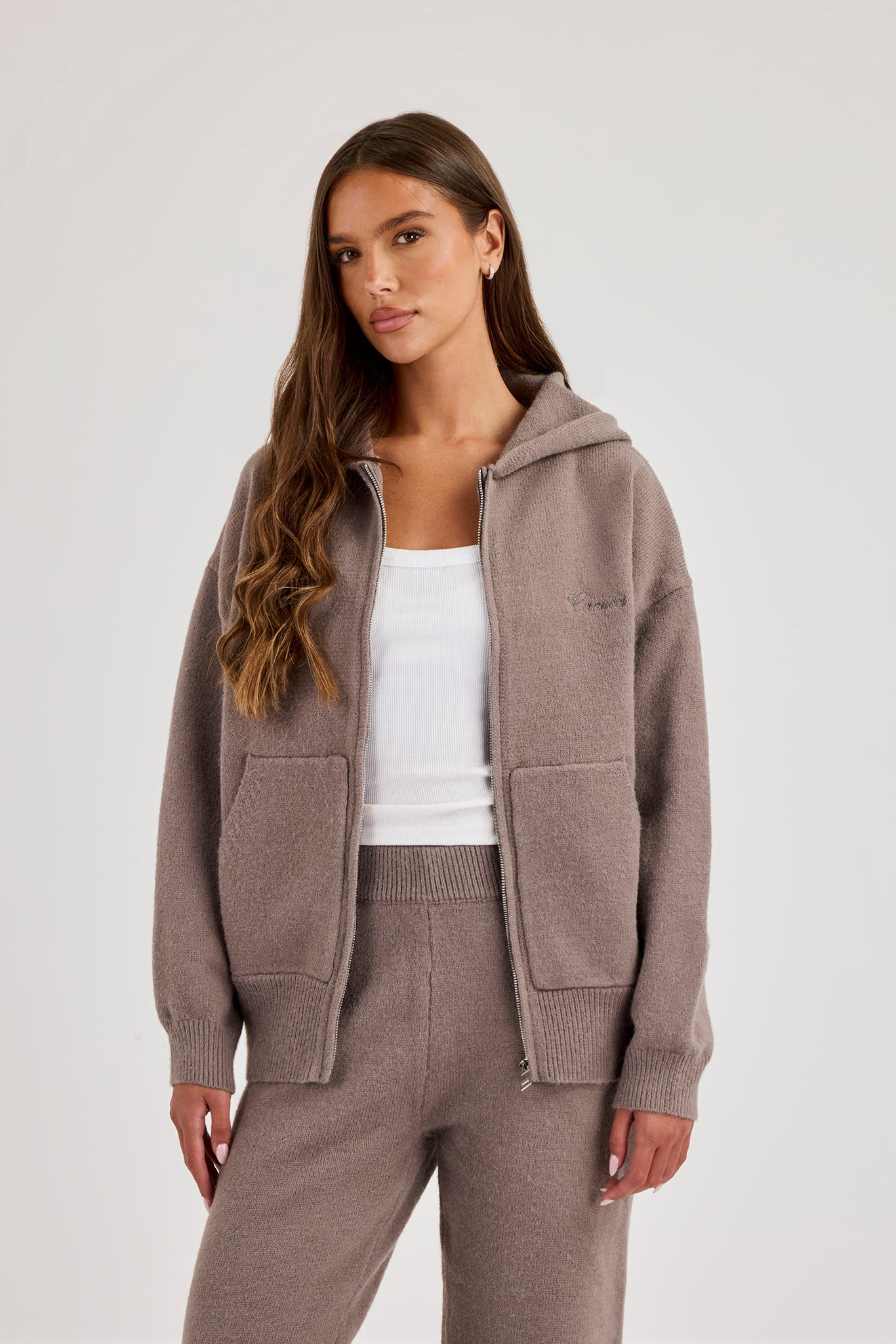Strickstich-Rückendetail Kapuzenpullover mit Reißverschluss – Anthrazit